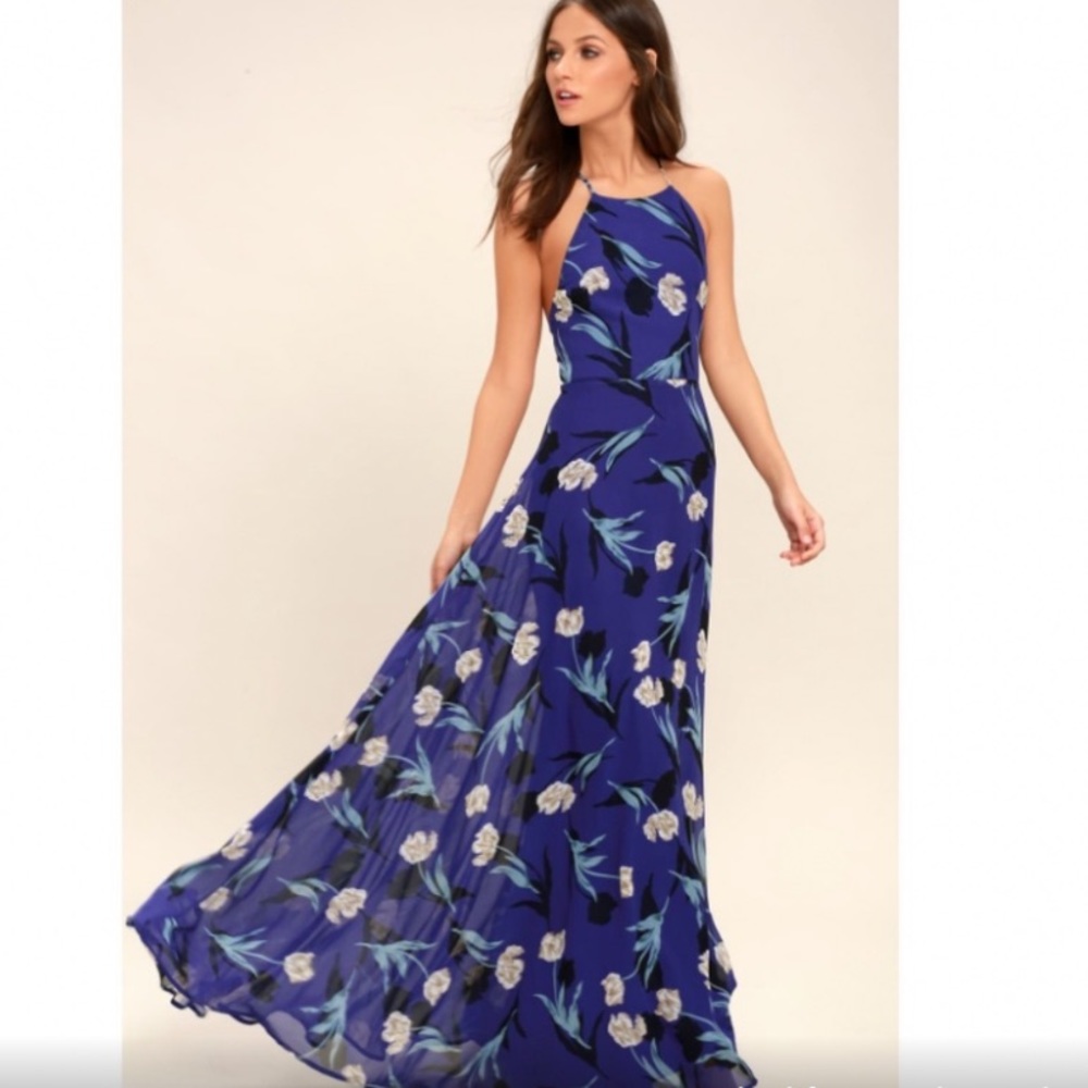 Lulus Royal Blue Floral Print Lace-Up Back Maxi Dress - Size XL